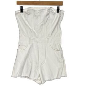 Papermoon Small S White Strapless Denim Romper Shorts Cotton Pockets Chic